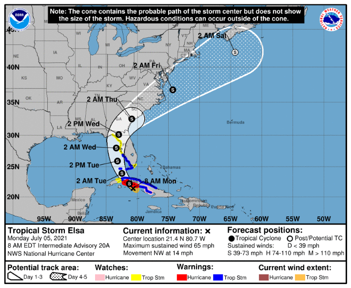 Figure 1 - Elsa 5 day cone of uncertainty from NHC as of July 5, 8am