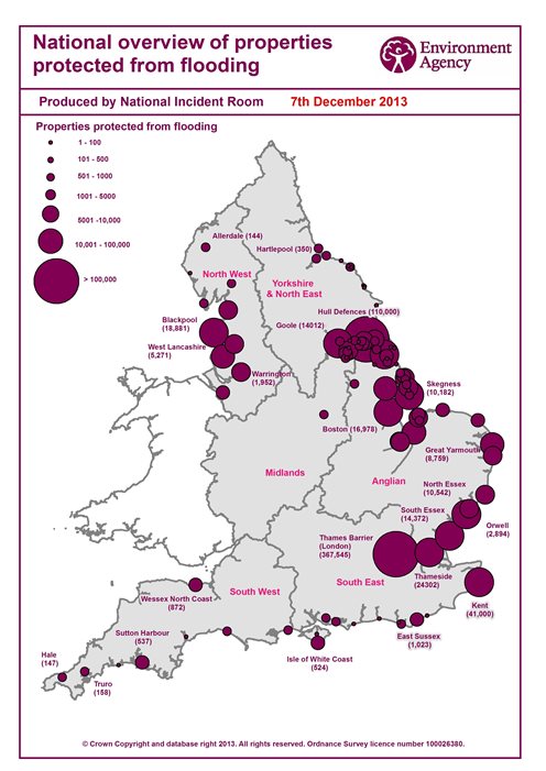Number of properties protected by flood defenses in the UK