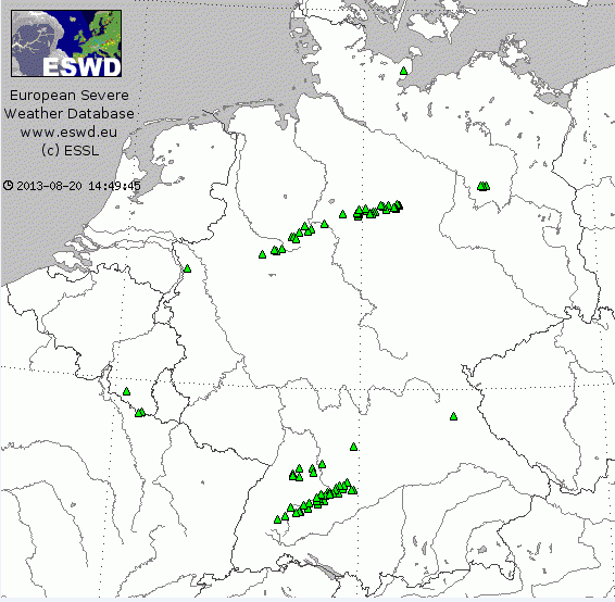 Location (green triangles) of reported hail events on July 27 (northern Germany) and July 28 (southern Germany) (Source: ESWD)