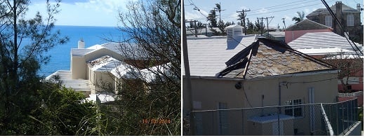 Roof damage to a well-maintained residence (left) and to a building with non-Bermuda style construction (right)